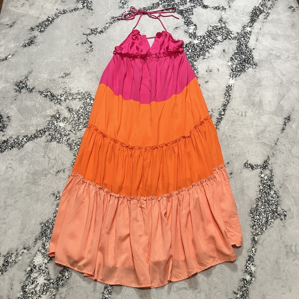 Tea & Cup‎ Colorblock Halter Maxi Dress Pink Orange Tiered Womens Size Large